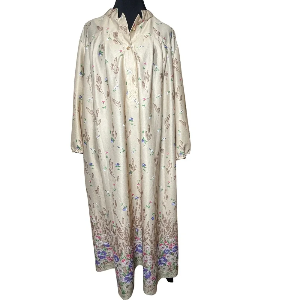 Vintage‎ Tan Floral Wheat Long Sleeve Nightgown Loungewear Women XL Granny READ